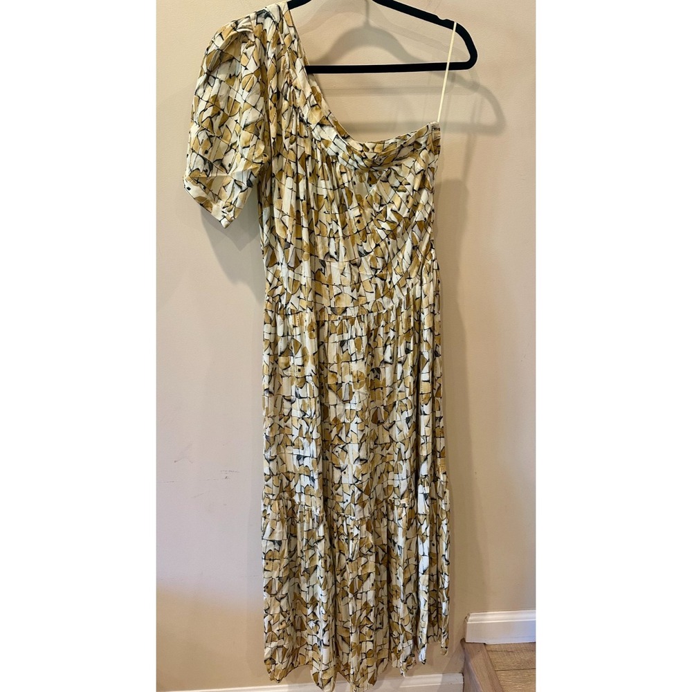 Sita Murt Yellow One Shoulder Midi A-Line Dress Sz 42 FR / 10 US Watercolor $309